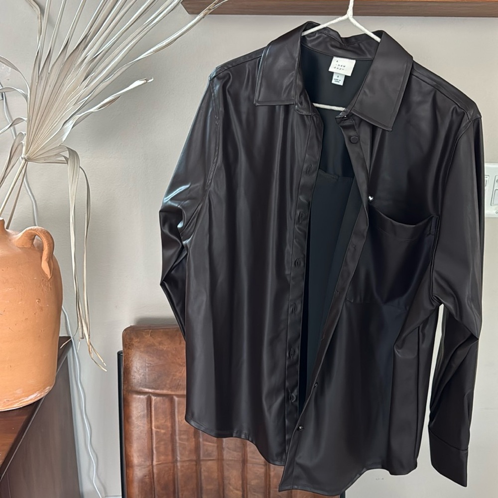 Brown Imitation Leather Button-Down Long-Sleeve Top